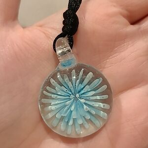 Ice blue burst glass puffy adjustable necklace